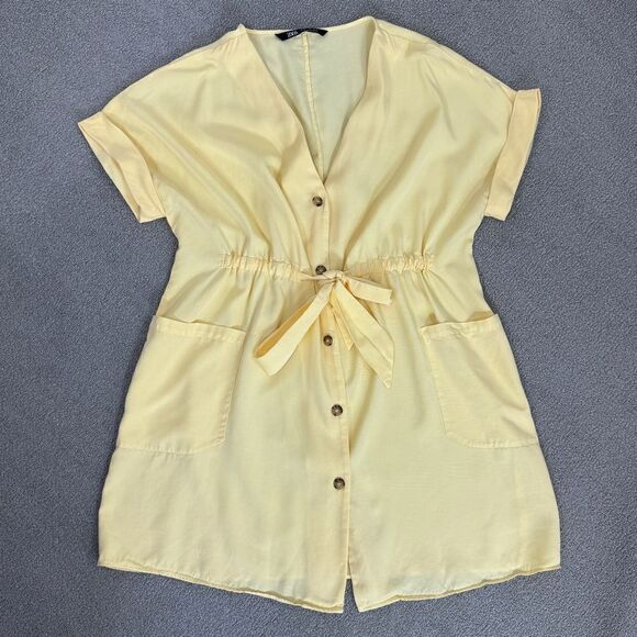 Zara Button Front Tie Waist Shirt Dress Yellow XS Cap Sleeve - Picture 14 of 14